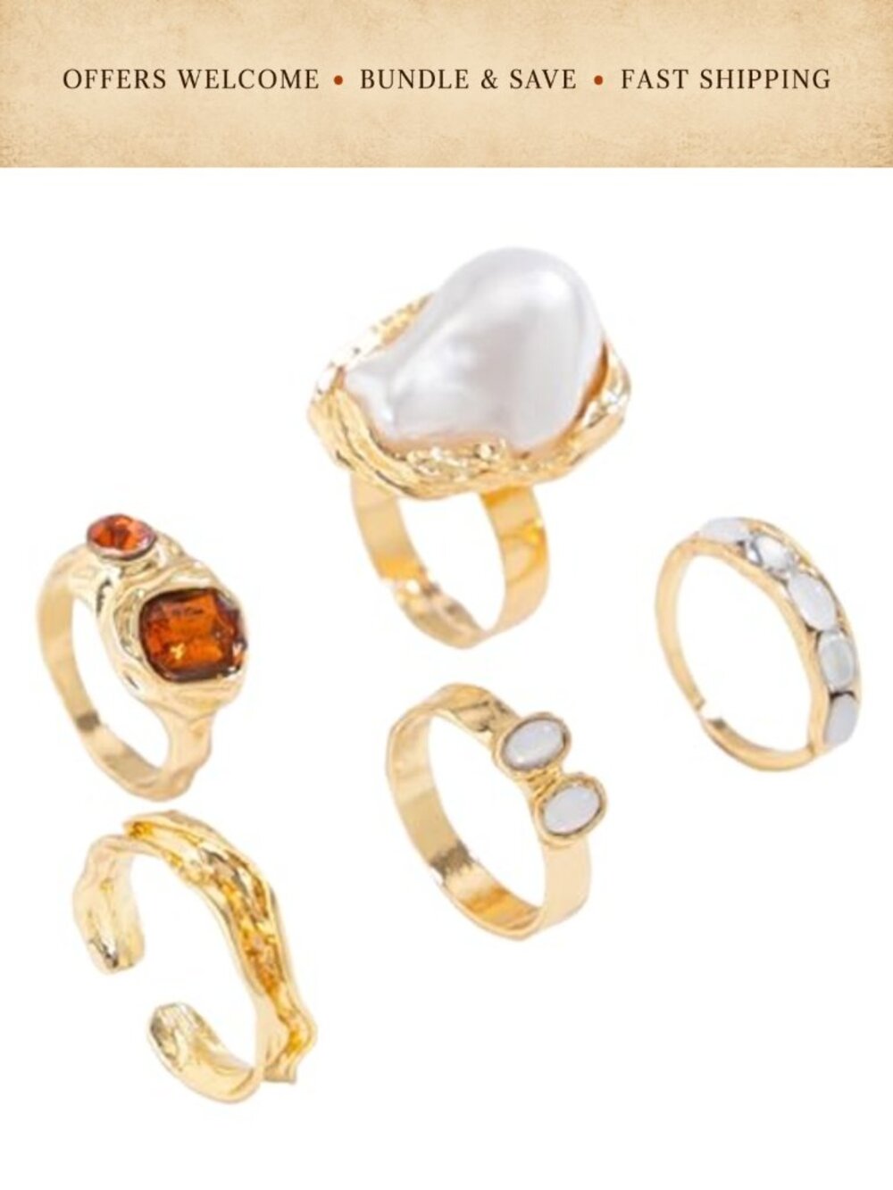 Chunky Gold Tone Ring Set Adjustable Stackable Statement Rings